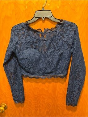 Sequin Hearts Navy Lace Long-Sleeve Crop Top
